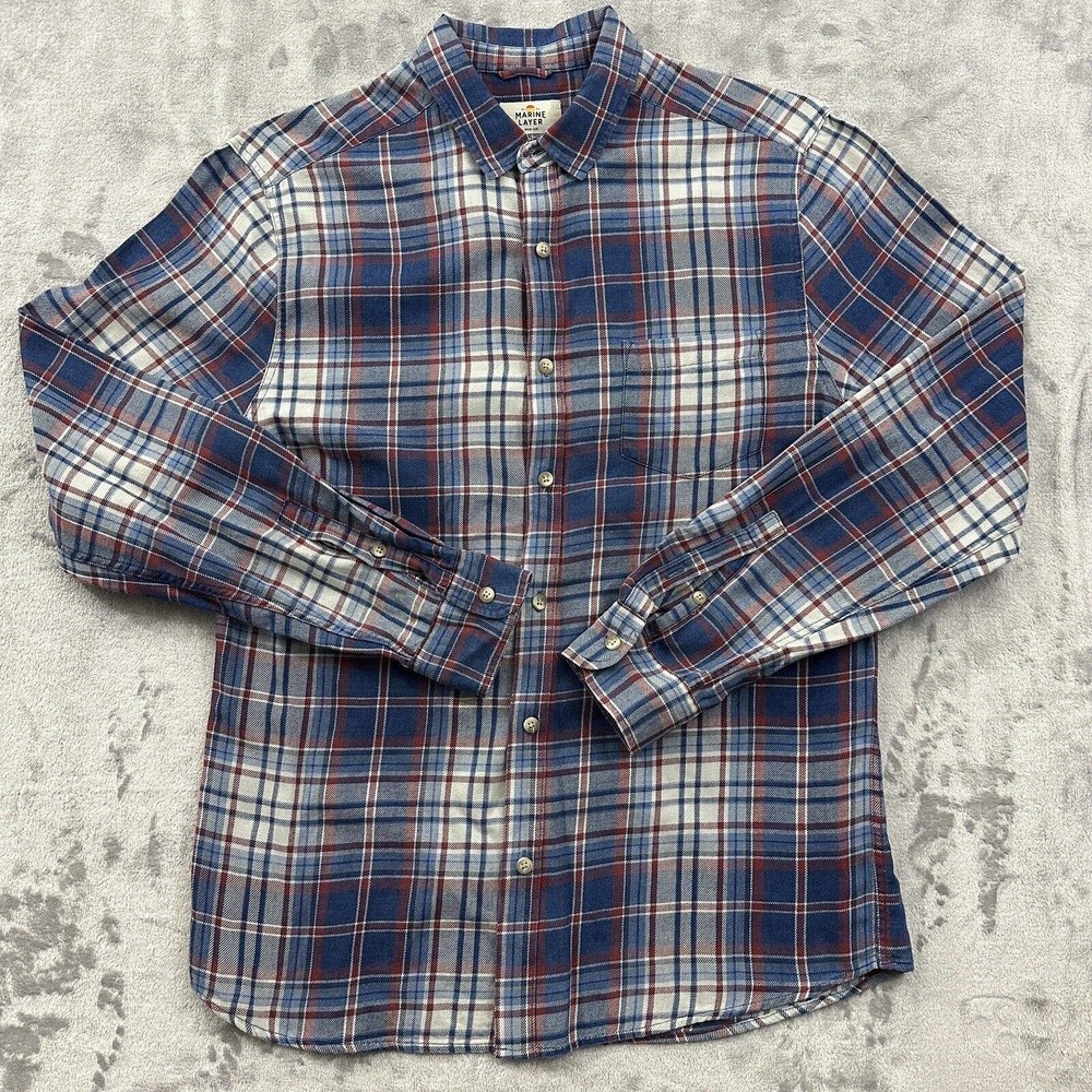 Marine Layer Blue and Red Plaid Casual Button Down Shirt